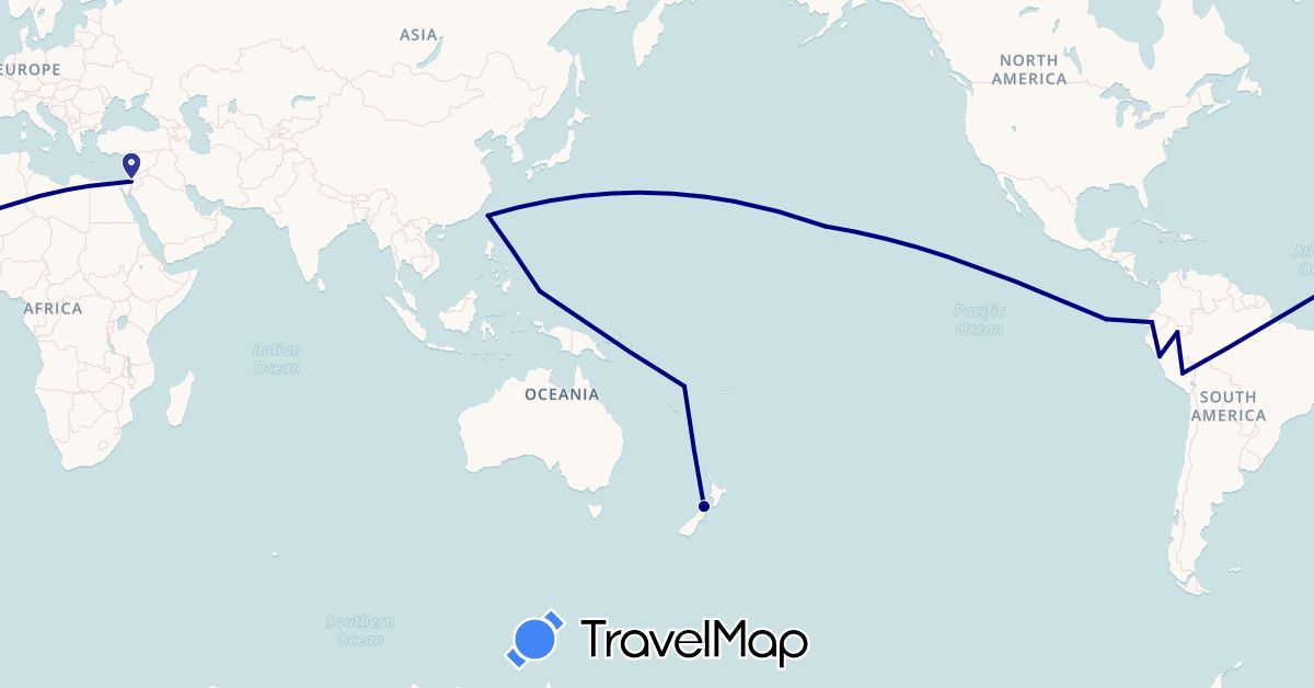 TravelMap itinerary: driving in Ecuador, Israel, New Zealand, Peru, Palau, Taiwan, United States, Vanuatu (Asia, North America, Oceania, South America)